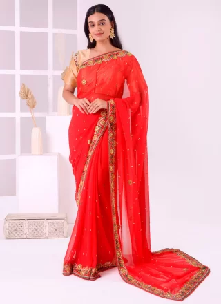 Embroidered, Stone and Thread Work Georgette Traditional Saree In Red for Ceremonial