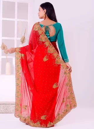 Embroidered, Stone and Thread Work Georgette Trendy Saree In Red for Ceremonial