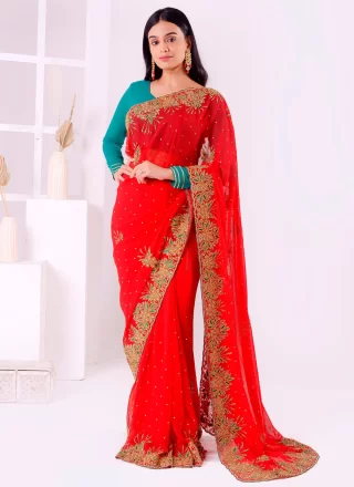Embroidered, Stone and Thread Work Georgette Trendy Saree In Red for Ceremonial