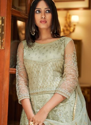 Embroidered, Stone and Thread Work Net Floor Length Salwar Suit In Grey