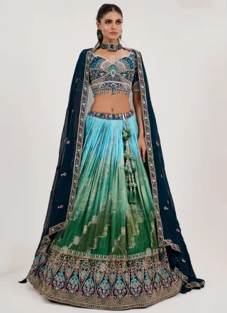 Embroidered, Stone, Thread and Zari Work Jacquard Readymade Lehenga Choli In Green and Turquoise