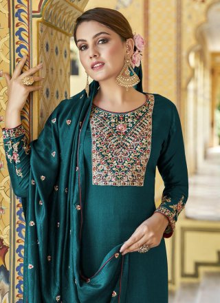 Embroidered, Thread and Zari Work Silk Palazzo Salwar Suit In Teal