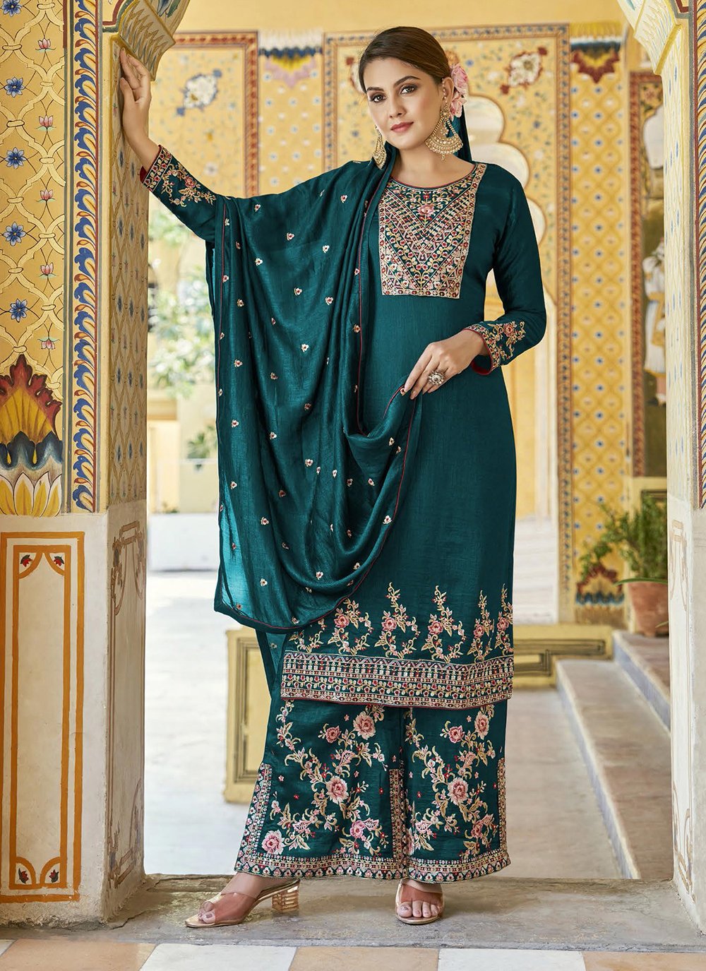 Shop Embroidered, Thread and Zari Work Silk Palazzo Salwar Suit In