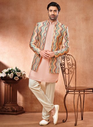 Embroidered Work Art Banarasi Silk Jodhpuri Suit In Peach