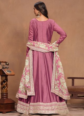 Embroidered Work Art Silk  Designer Gown In Hot Pink