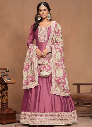 Embroidered Work Art Silk  Designer Gown In Hot Pink