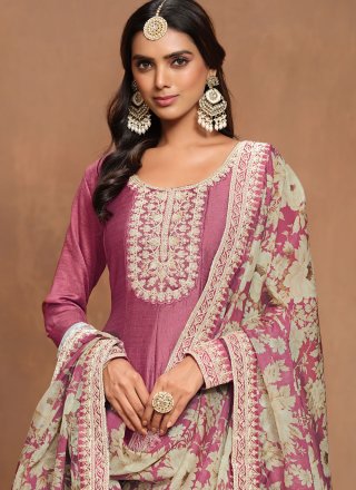 Embroidered Work Art Silk  Designer Gown In Hot Pink