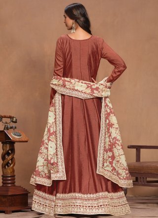 Embroidered Work Art Silk Gown In Rust