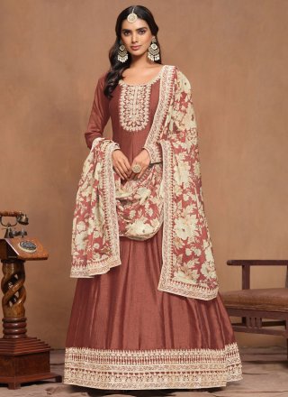 Embroidered Work Art Silk Gown In Rust