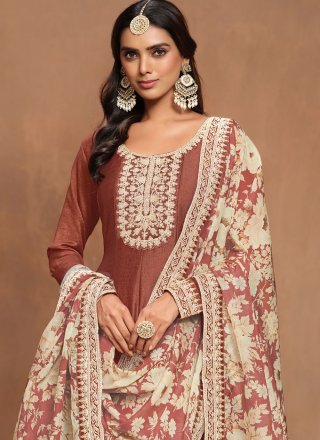 Embroidered Work Art Silk Gown In Rust