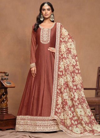 Embroidered Work Art Silk Gown In Rust