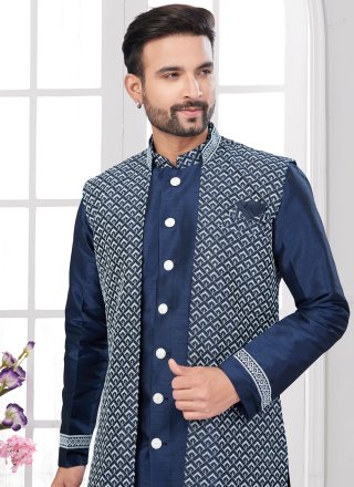 Embroidered Work Art Silk Indo Western Sherwani In Blue for Ceremonial