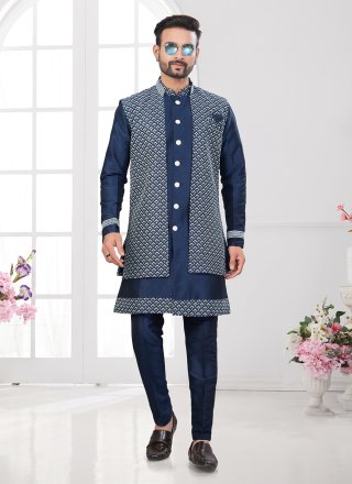 Embroidered Work Art Silk Indo Western Sherwani In Blue for Ceremonial