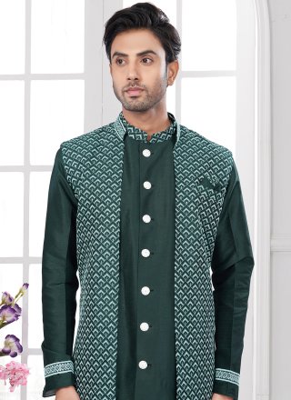 Embroidered Work Art Silk Indo Western Sherwani In Green