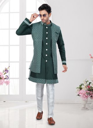 Embroidered Work Art Silk Indo Western Sherwani In Green