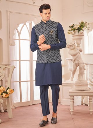 Embroidered Work Art Silk Kurta Payjama with Jacket In Blue for Ceremonial