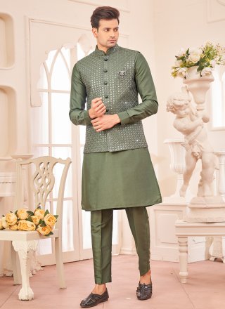 Embroidered Work Art Silk Kurta Payjama with Jacket In Green
