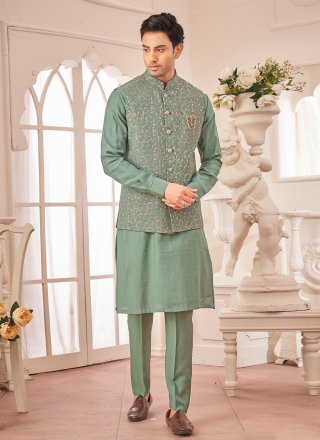 Embroidered Work Art Silk Kurta Payjama with Jacket In Green for Ceremonial