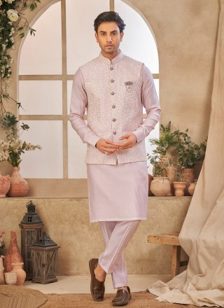 Embroidered Work Art Silk Kurta Payjama with Jacket In Pink