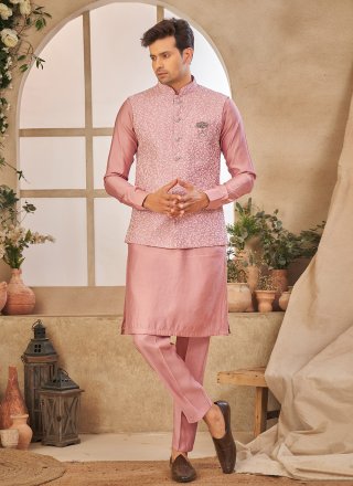 Embroidered Work Art Silk Kurta Payjama with Jacket In Pink for Ceremonial