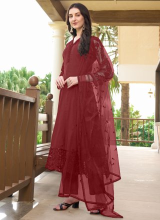 Embroidered Work Art Silk Salwar Suit In Maroon for Ceremonial