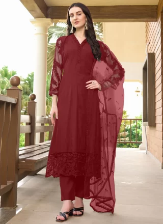 Embroidered Work Art Silk Salwar Suit In Maroon for Ceremonial