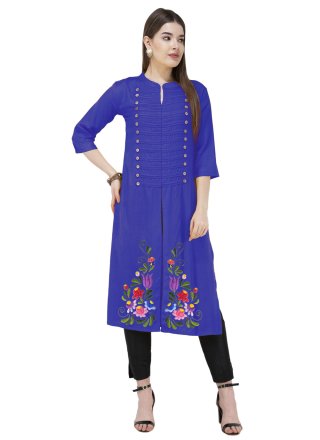 Embroidered Work Blended Cotton Designer Kurti In Blue