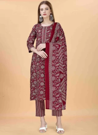 Embroidered Work Blended Cotton Pant Style Suit In Maroon