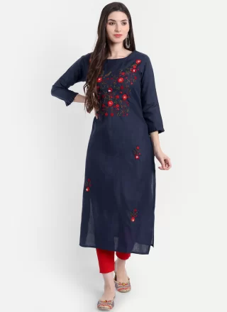 Embroidered Work Blended Cotton Party Wear Kurti In Blue
