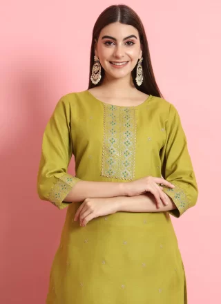 Embroidered Work Blended Cotton Readymade Salwar Suit In Green