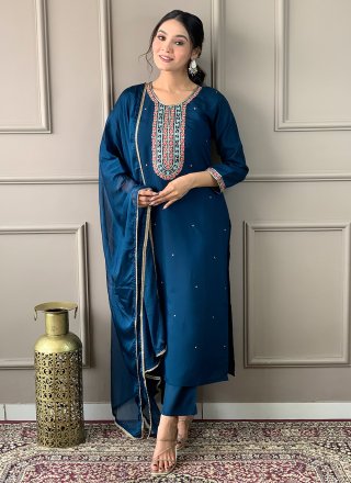 Embroidered Work Chanderi Pant Style Suit In Blue for Festival