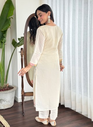Embroidered Work Chanderi Pant Style Suit In Cream