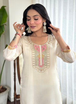 Embroidered Work Chanderi Pant Style Suit In Cream