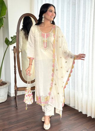 Embroidered Work Chanderi Pant Style Suit In Cream