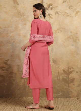 Embroidered Work Chanderi Pant Style Suit In Pink