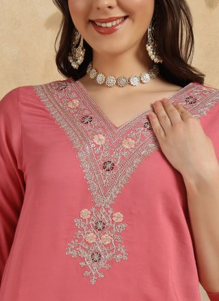 Embroidered Work Chanderi Pant Style Suit In Pink