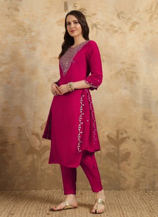 Embroidered Work Chanderi Pant Style Suit In Pink