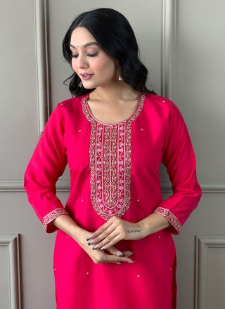 Embroidered Work Chanderi Pant Style Suit In Pink