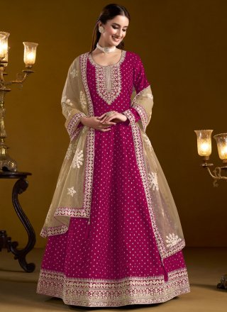 Embroidered Work Chanderi Salwar Suit In Rani for Ceremonial