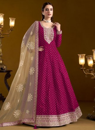 Embroidered Work Chanderi Salwar Suit In Rani for Ceremonial
