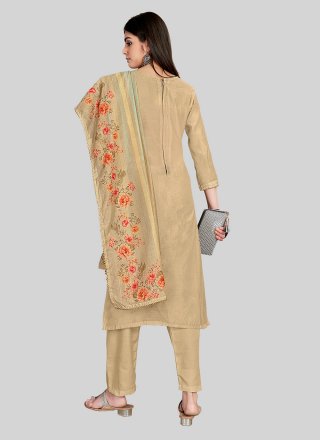 Embroidered Work Chanderi Silk Pant Style Suit In Brown