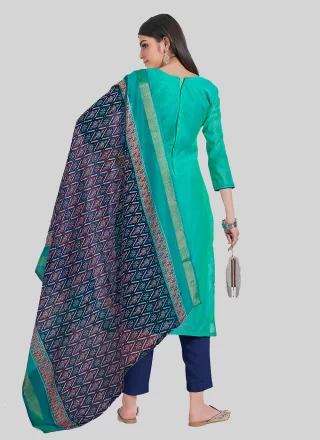 Embroidered Work Chanderi Silk Pant Style Suit In Firozi