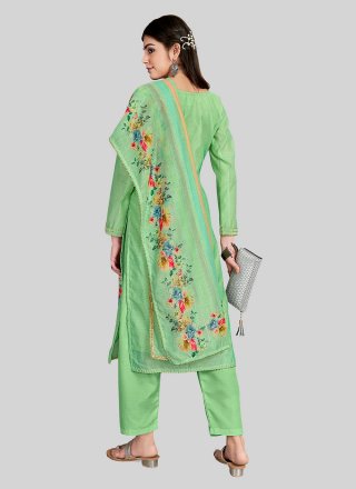 Embroidered Work Chanderi Silk Pant Style Suit In Green for Casual