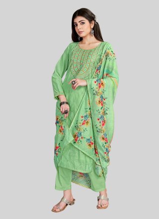 Embroidered Work Chanderi Silk Pant Style Suit In Green for Casual