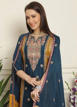 Embroidered Work Chiffon Salwar Suit In Blue for Ceremonial