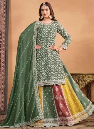 Embroidered Work Chinon A - Line Lehenga Choli In Green for Ceremonial