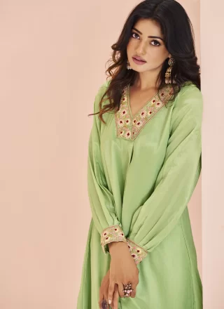 Embroidered Work Chinon Casual Kurti In Green for Ceremonial