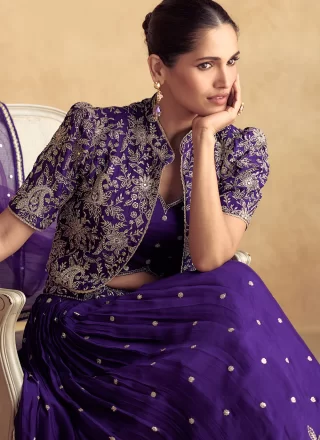 Embroidered Work Chinon Lehenga Choli In Violet for Ceremonial