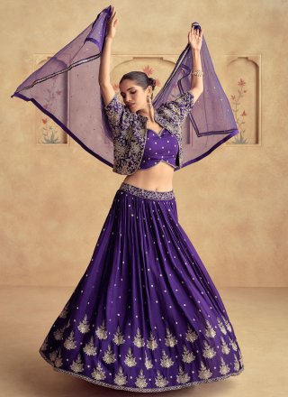 Embroidered Work Chinon Lehenga Choli In Violet for Ceremonial