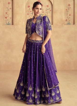 Embroidered Work Chinon Lehenga Choli In Violet for Ceremonial